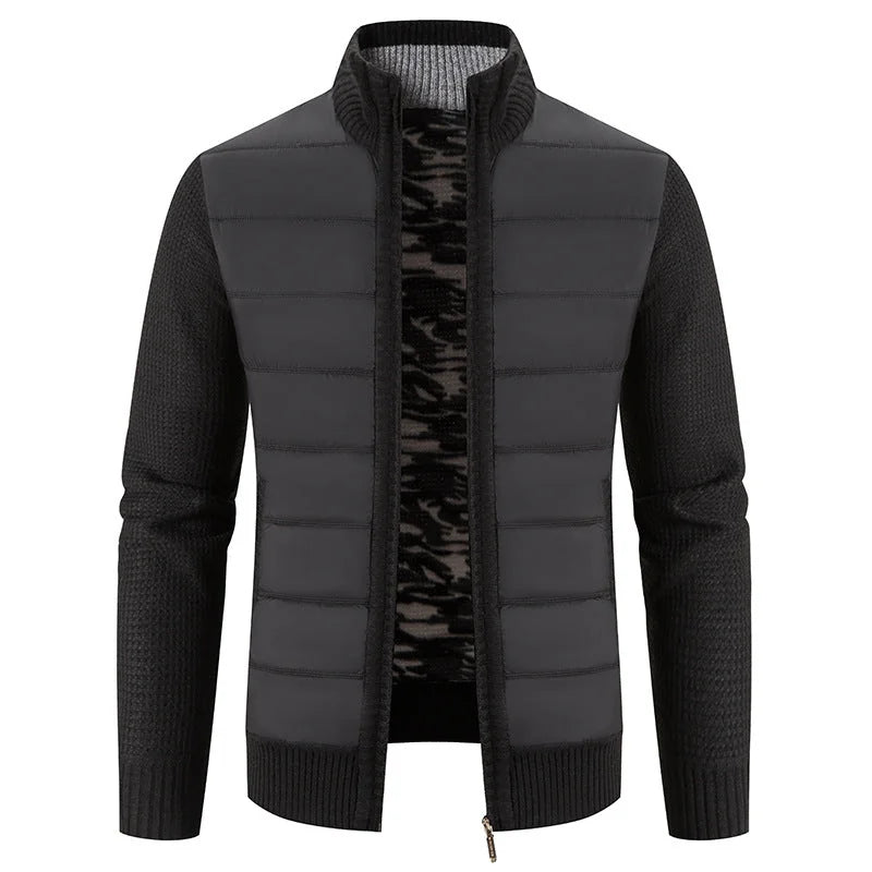 Black Men's Padded Jacket with Knit Sleeves & Structured Stand Collar - Front Pose