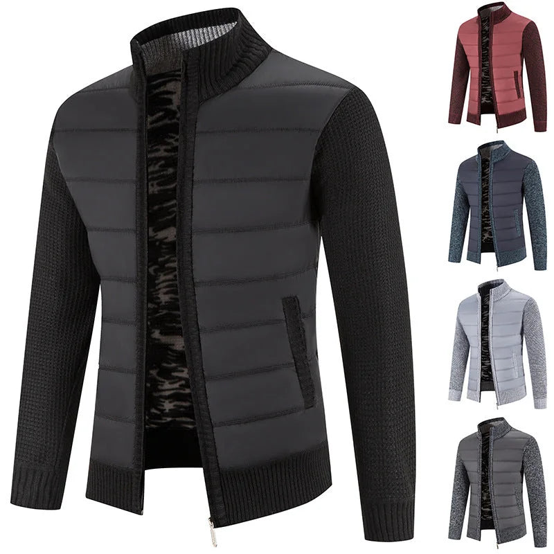 Men's Padded Jacket with Knit Sleeves & Structured Stand Collar - Dark Grey Collage With Swatches