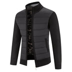 Men's Padded Jacket with Knit Sleeves & Structured Stand Collar - Dark Grey Front Full