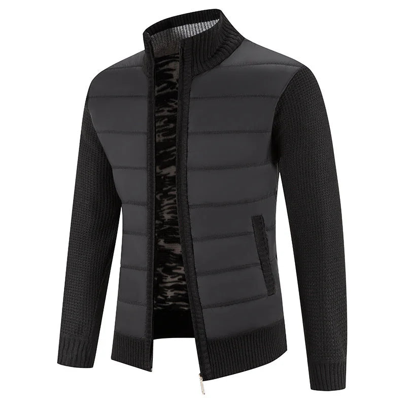 Men's Padded Jacket with Knit Sleeves & Structured Stand Collar - Dark Grey Front Full