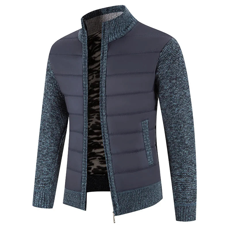 Men's Padded Jacket with Knit Sleeves & Structured Stand Collar - Side Angle
