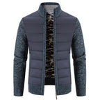 Gray Men's Padded Jacket with Knit Sleeves & Structured Stand Collar - Three Quarter View