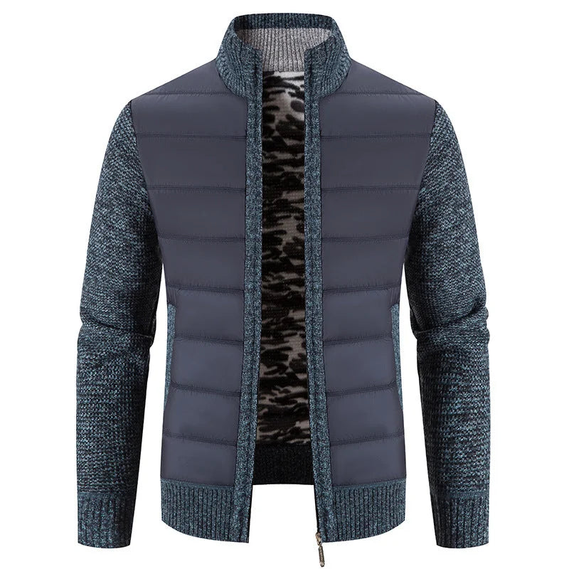Gray Men's Padded Jacket with Knit Sleeves & Structured Stand Collar - Three Quarter View