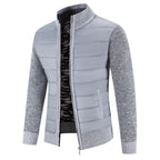 Men's Padded Jacket with Knit Sleeves & Structured Stand Collar - Light Grey Front Open