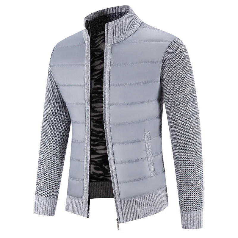 Men's Padded Jacket with Knit Sleeves & Structured Stand Collar - Light Grey Front Open