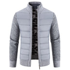 Men's Padded Jacket with Knit Sleeves & Structured Stand Collar - Light Grey Side Detail