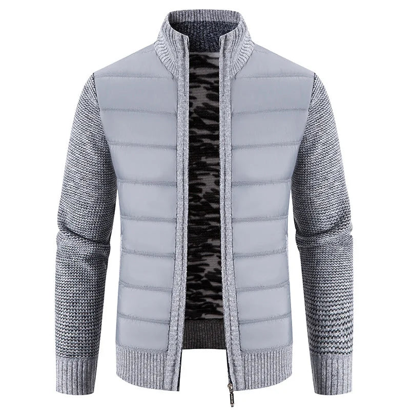 Men's Padded Jacket with Knit Sleeves & Structured Stand Collar - Light Grey Side Detail