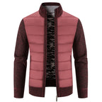 Red Men's Padded Jacket with Knit Sleeves & Structured Stand Collar - Wine Front Detail
