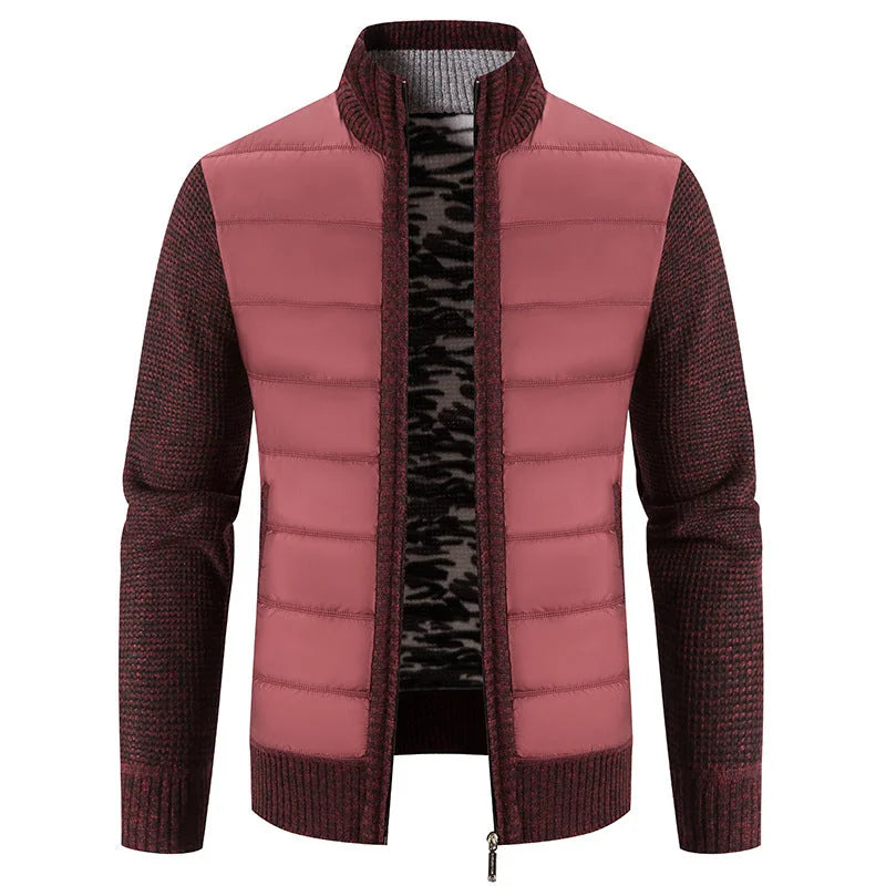 Red Men's Padded Jacket with Knit Sleeves & Structured Stand Collar - Wine Front Detail