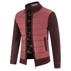 Men's Padded Jacket with Knit Sleeves & Structured Stand Collar - Wine Front Full Alt
