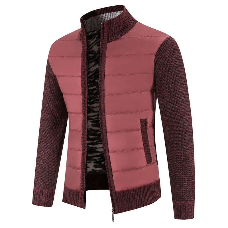 Men's Padded Jacket with Knit Sleeves & Structured Stand Collar - Wine Front Full Alt
