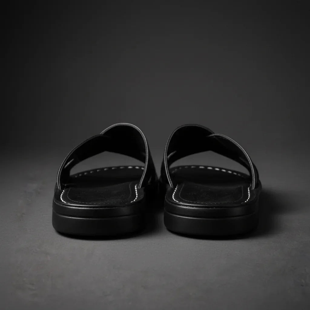 Black Men's Leather Sandals with Crisscross Straps & Cushioned Footbed — Asher - Back Heel View