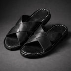 Black Men's Leather Sandals with Crisscross Straps & Cushioned Footbed — Asher - Pair Angled Studio