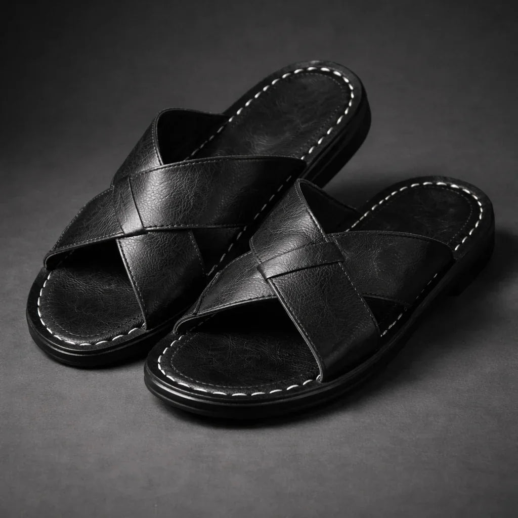 Black Men's Leather Sandals with Crisscross Straps & Cushioned Footbed — Asher - Pair Angled Studio