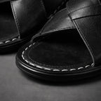 Black Men's Leather Sandals with Crisscross Straps & Cushioned Footbed — Asher - Toe Close Up Detail