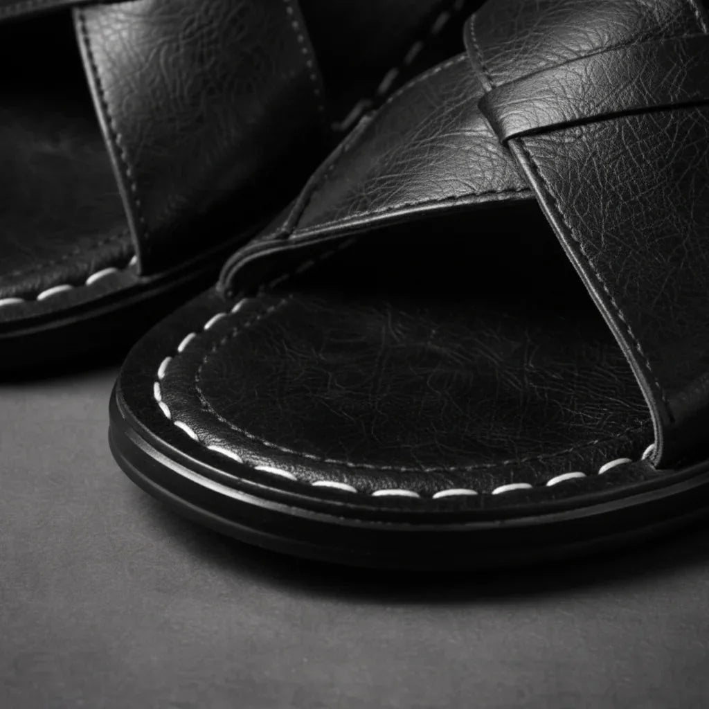 Black Men's Leather Sandals with Crisscross Straps & Cushioned Footbed — Asher - Toe Close Up Detail