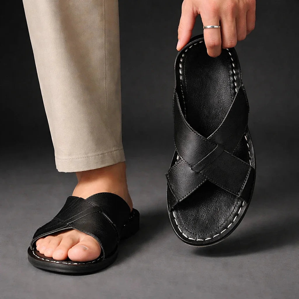 Black Men's Leather Sandals with Crisscross Straps & Cushioned Footbed — Asher