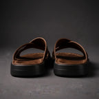 Brown Men's Leather Sandals with Crisscross Straps & Cushioned Footbed — Asher - Back Heel View