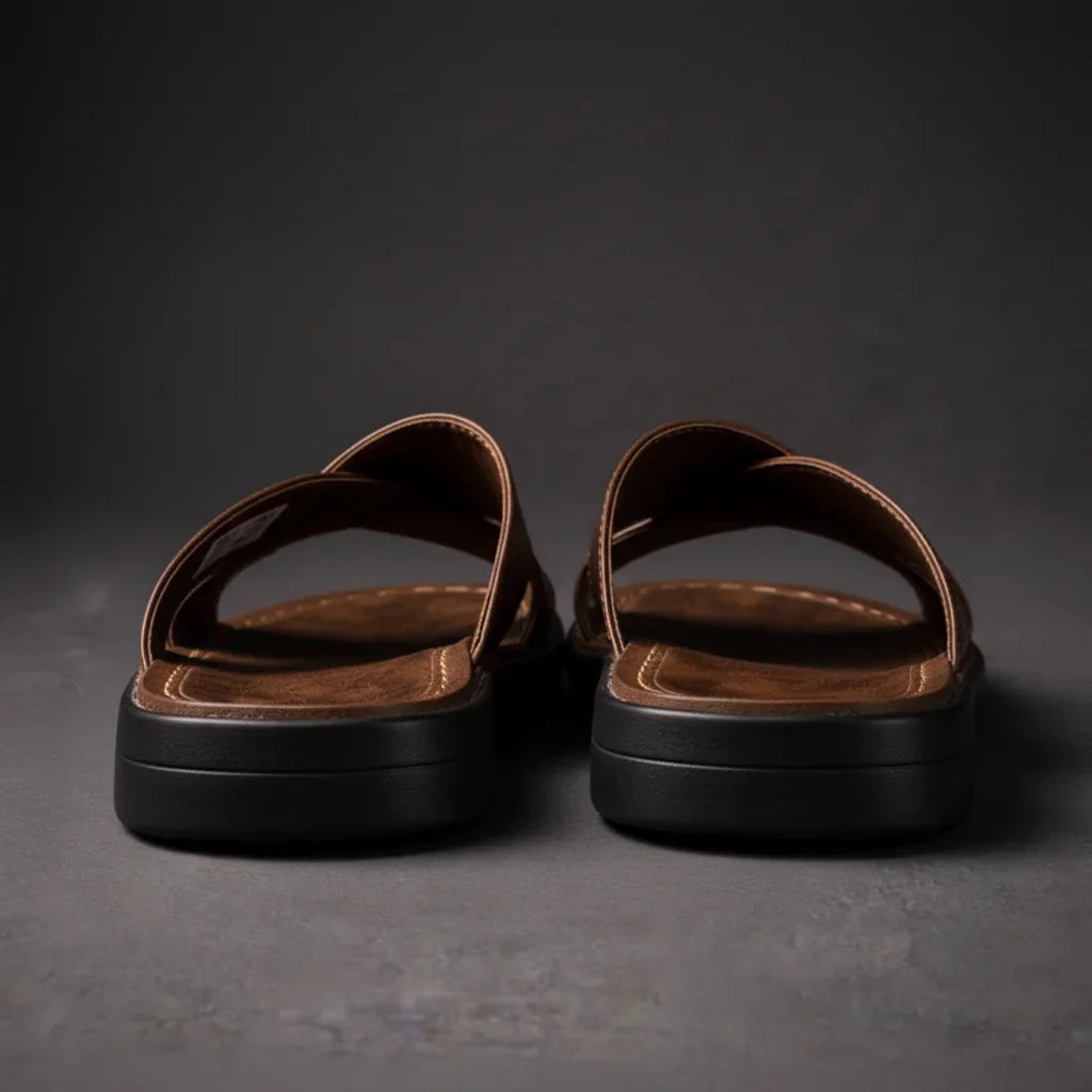 Brown Men's Leather Sandals with Crisscross Straps & Cushioned Footbed — Asher - Back Heel View