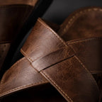 Brown Men's Leather Sandals with Crisscross Straps & Cushioned Footbed — Asher - Cross Strap Close Up