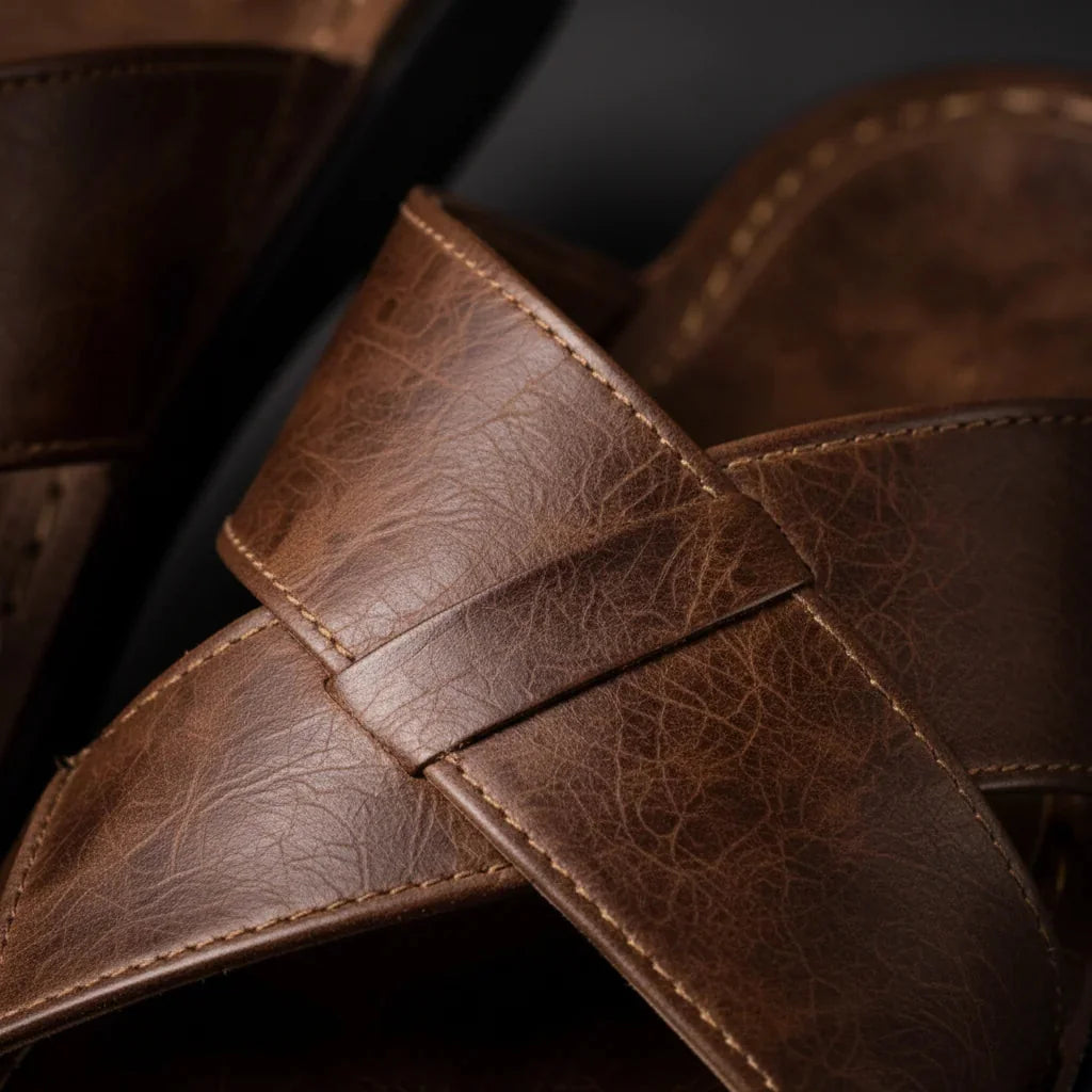 Brown Men's Leather Sandals with Crisscross Straps & Cushioned Footbed — Asher - Cross Strap Close Up