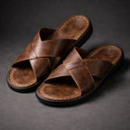 Brown Men's Leather Sandals with Crisscross Straps & Cushioned Footbed — Asher - Pair Angled Studio