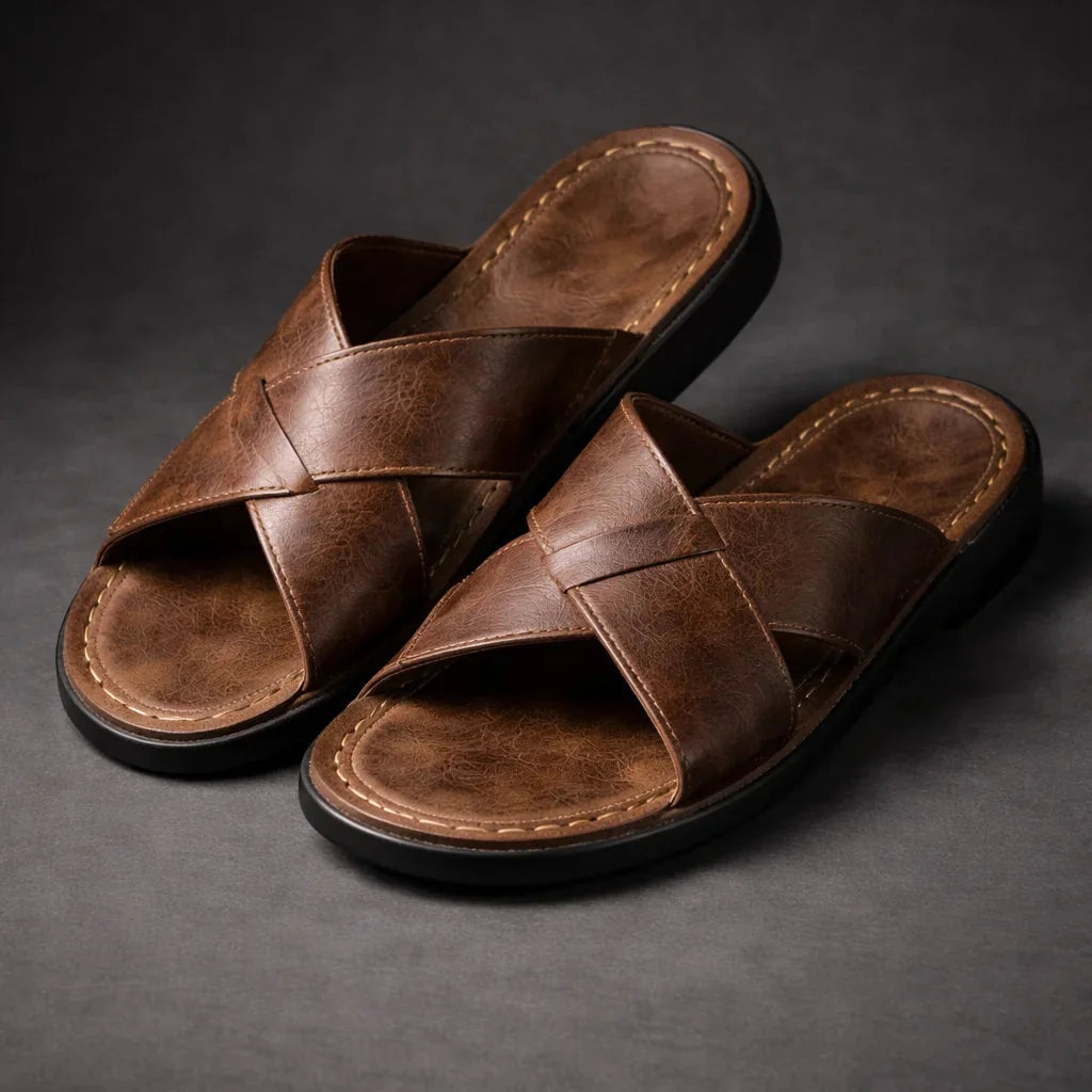 Brown Men's Leather Sandals with Crisscross Straps & Cushioned Footbed — Asher - Pair Angled Studio