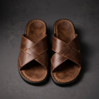 Brown Men's Leather Sandals with Crisscross Straps & Cushioned Footbed — Asher - Top Down Flat Lay