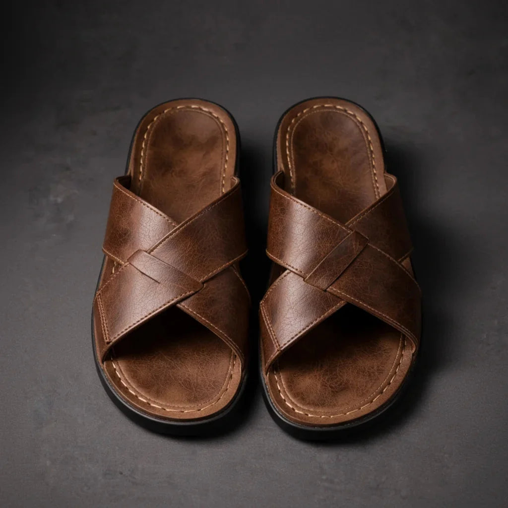 Brown Men's Leather Sandals with Crisscross Straps & Cushioned Footbed — Asher - Top Down Flat Lay