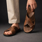 Brown Men's Leather Sandals with Crisscross Straps & Cushioned Footbed — Asher