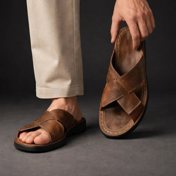 Brown Men's Leather Sandals with Crisscross Straps & Cushioned Footbed — Asher