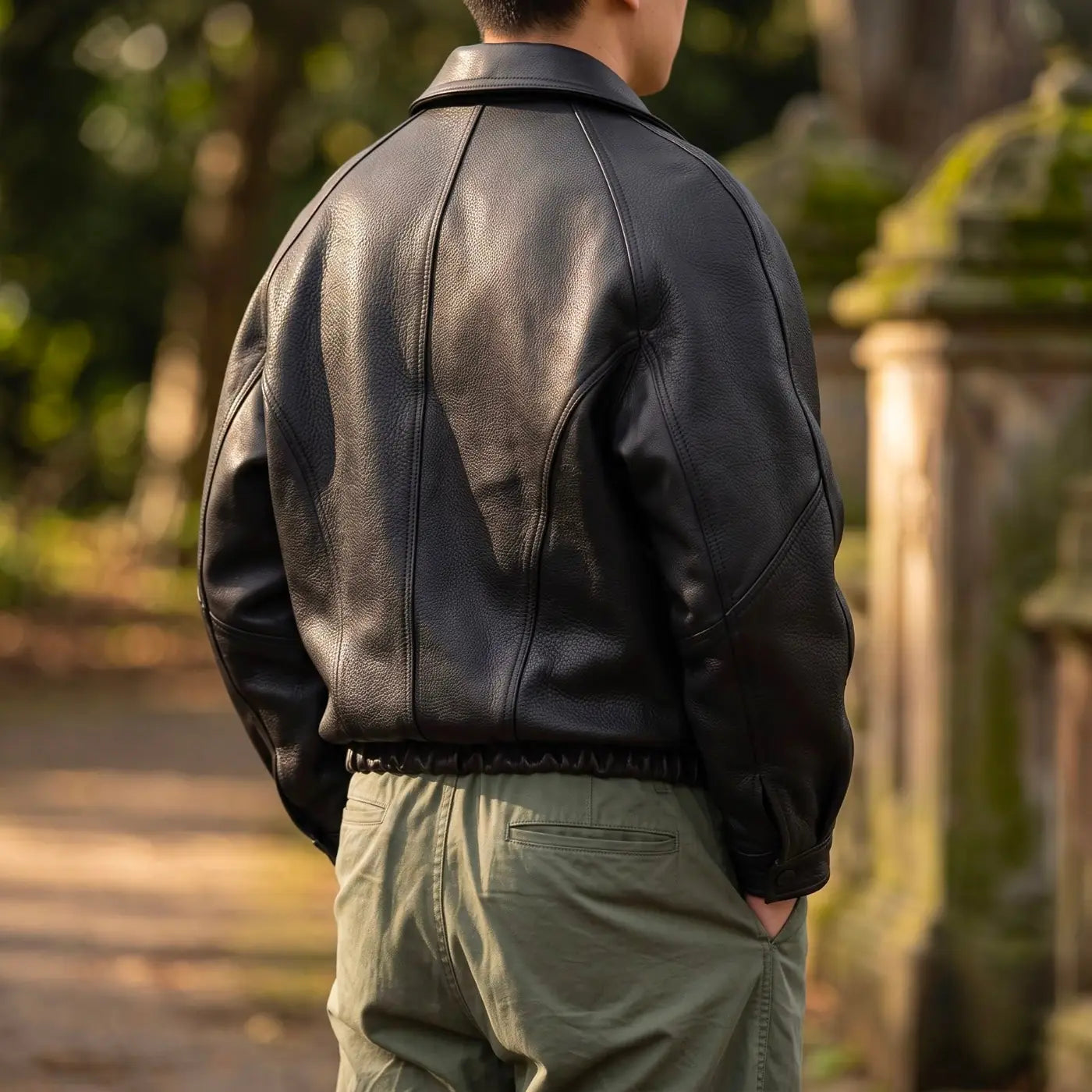 Black Men's Leather Jacket with Structured Collar & Relaxed Fit - Back Detail