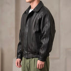 Black Men's Leather Jacket with Structured Collar & Relaxed Fit — Griffin - Side Pose