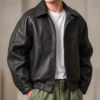Black Men's Leather Jacket with Structured Collar & Relaxed Fit — Griffin