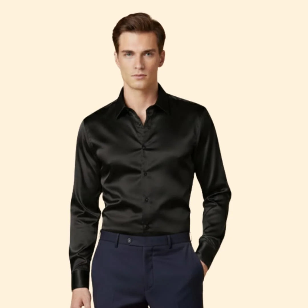 Black Men's Satin Shirt with Classic Collar & Tailored Fit — George