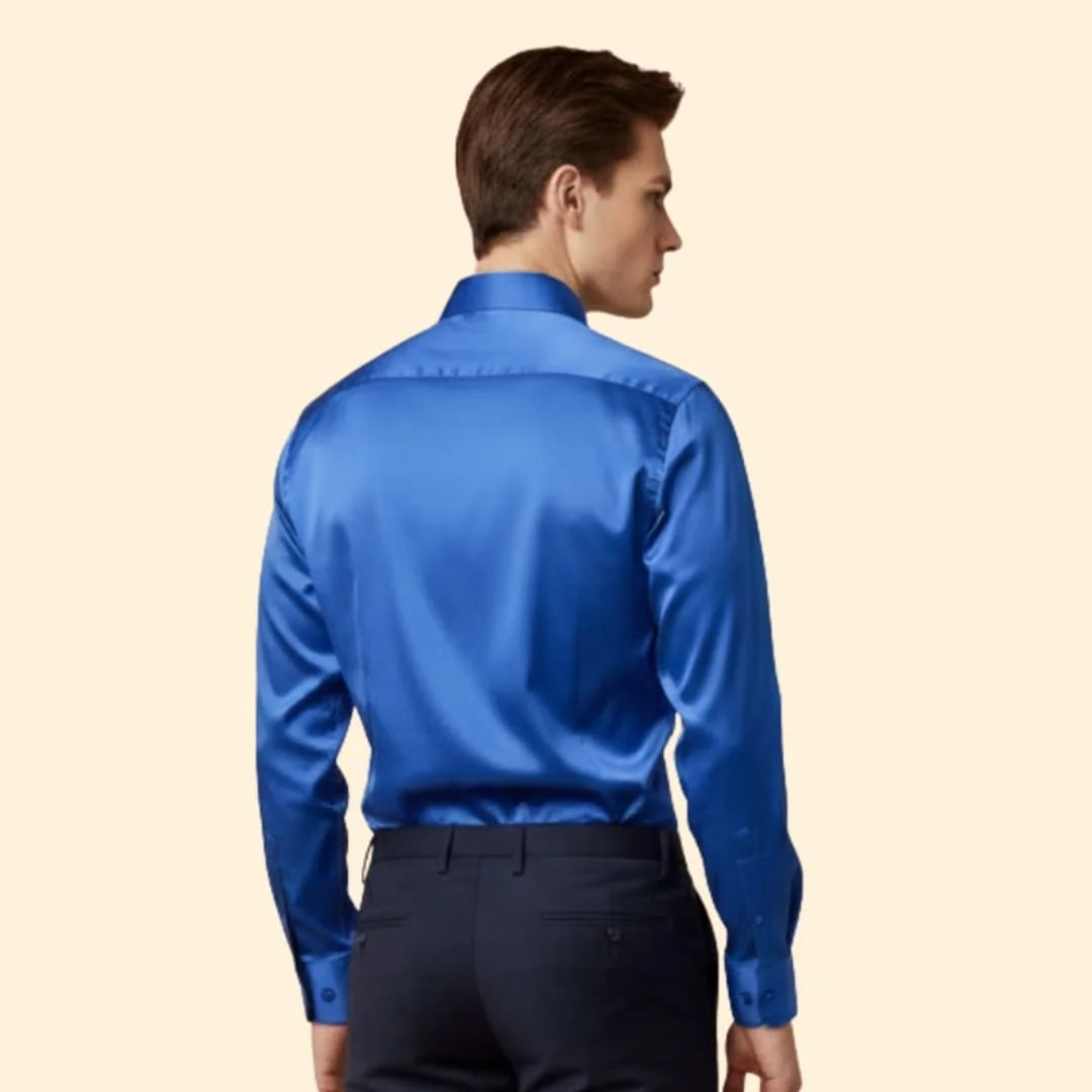 Blue Men's Satin Shirt with Classic Collar & Tailored Fit — George - Back Detail