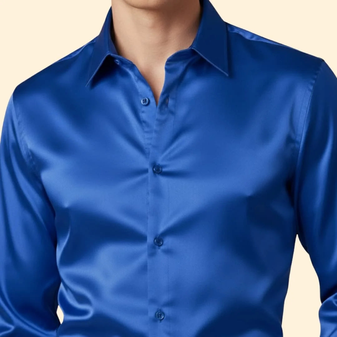 Blue Men's Satin Shirt with Classic Collar & Tailored Fit — George - Close Up Neckline