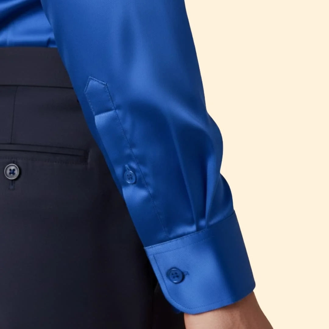 Blue Men's Satin Shirt with Classic Collar & Tailored Fit — George - Cuff Detail
