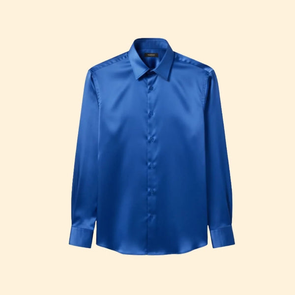 Blue Men's Satin Shirt with Classic Collar & Tailored Fit — George - Flat Lay
