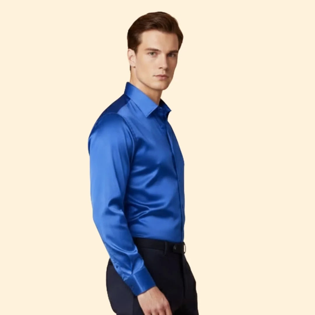 Blue Men's Satin Shirt with Classic Collar & Tailored Fit — George - Side Pose
