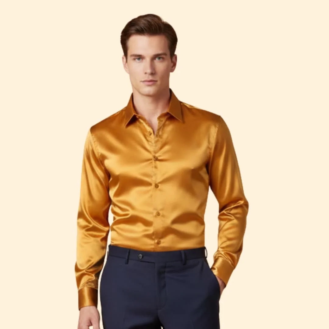 Gold Men's Satin Shirt with Classic Collar & Tailored Fit — George