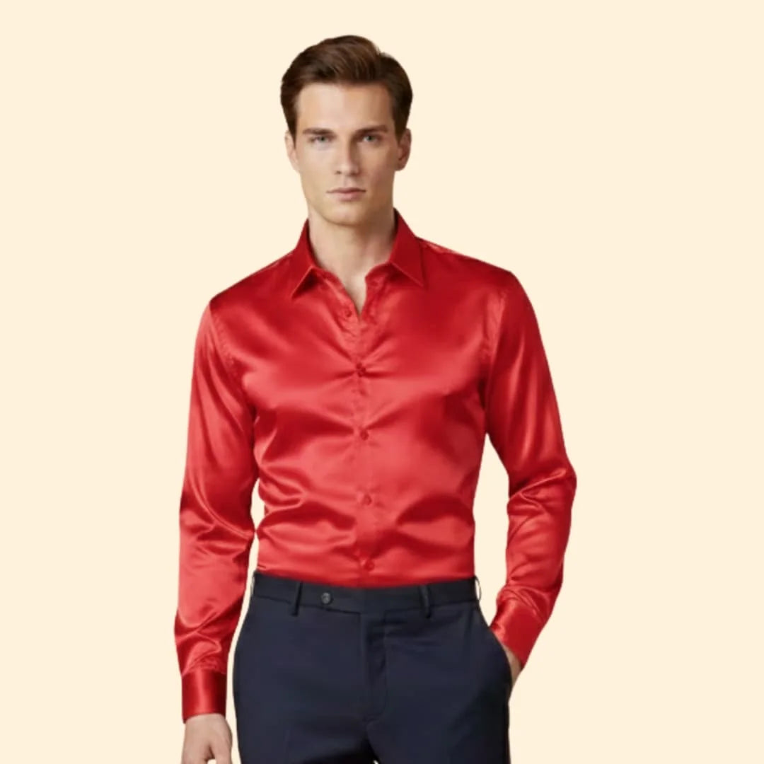 Red Men's Satin Shirt with Classic Collar & Tailored Fit — George