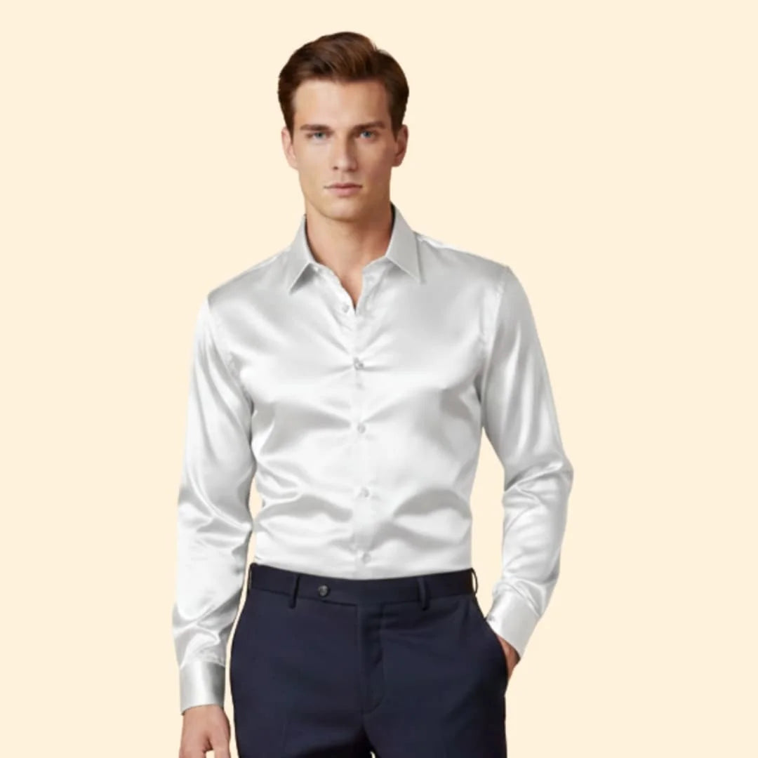 White Men's Satin Shirt with Classic Collar & Tailored Fit — George