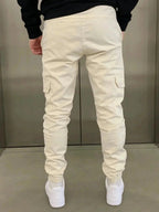 Beige Men's Slim-Fit Cargo Joggers with Drawstring Waist & Elastic Cuffs — Leo - Back Full Studio