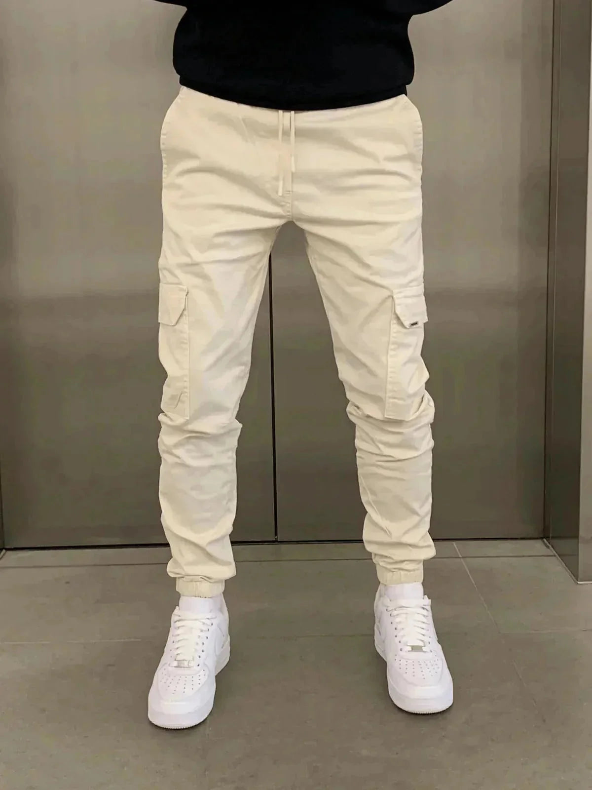 Beige Men's Slim-Fit Cargo Joggers with Drawstring Waist & Elastic Cuffs