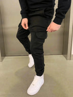Black Men's Slim-Fit Cargo Joggers with Drawstring Waist & Elastic Cuffs — Leo - Side Detail Pocket