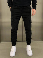 Black Men's Slim-Fit Cargo Joggers with Drawstring Waist & Elastic Cuffs