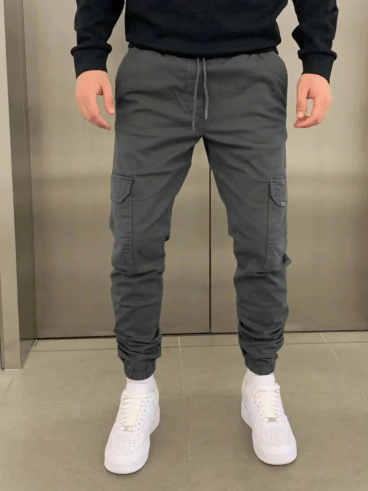 Grey Men's Slim-Fit Cargo Joggers with Drawstring Waist & Elastic Cuffs