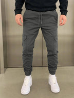 Light Grey Men's Slim-Fit Cargo Joggers with Drawstring Waist & Elastic Cuffs