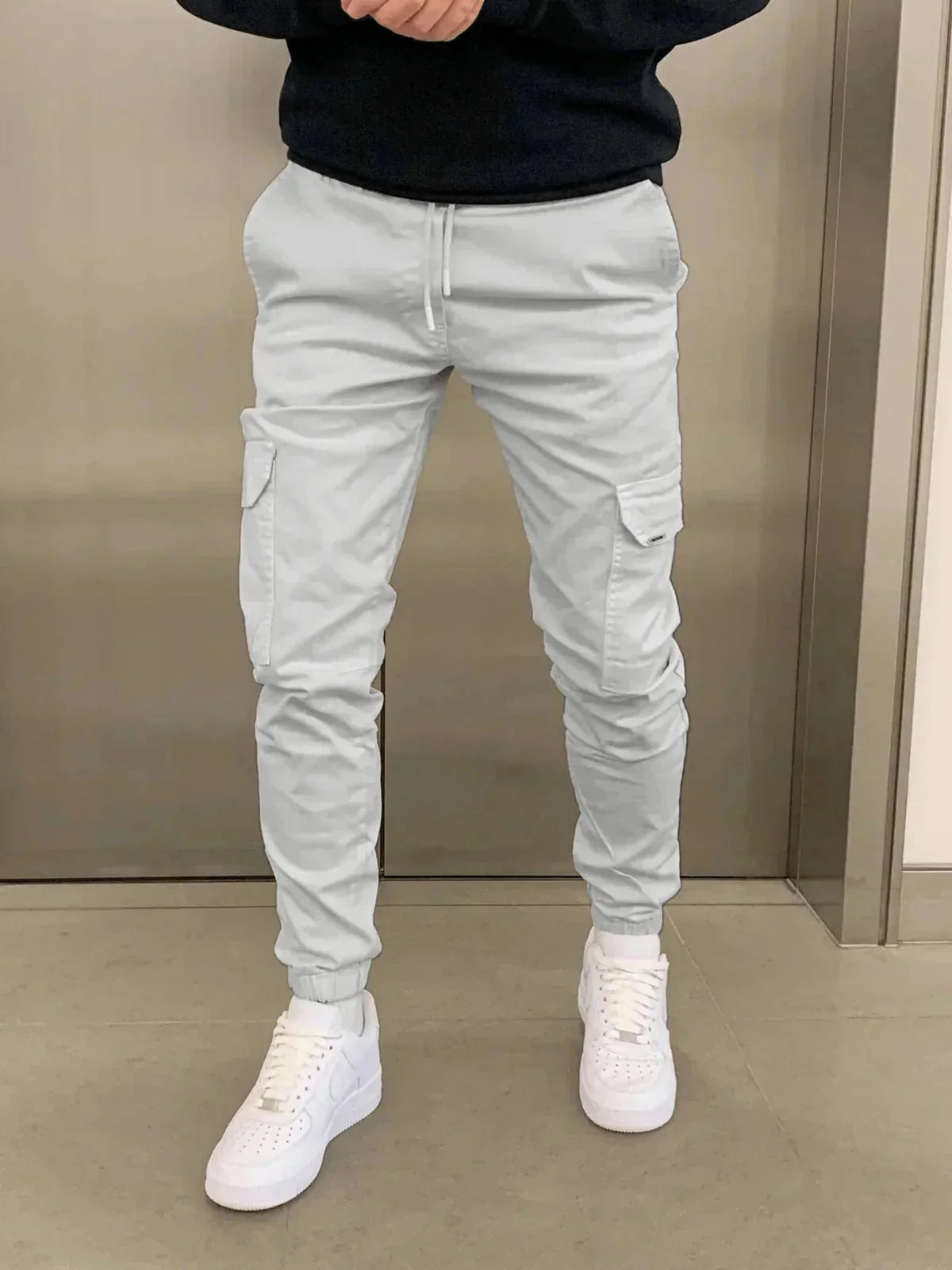 Navy Blue Men's Slim-Fit Cargo Joggers with Drawstring Waist & Elastic Cuffs